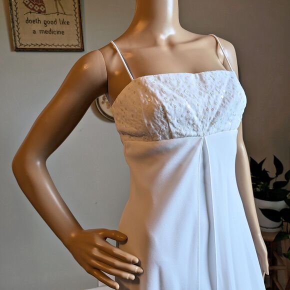 Vintage 90s White Gown Prom Dress Maxi Bridal Wedding Sequin Regency Empire JR 3 - Picture 4 of 11
